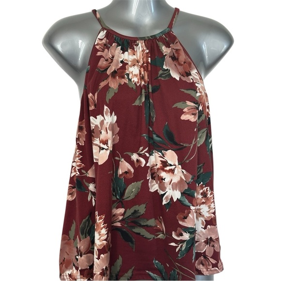 Paper Moon Floral Halter Top - Burgundy and Green Size PM - Picture 2 of 6